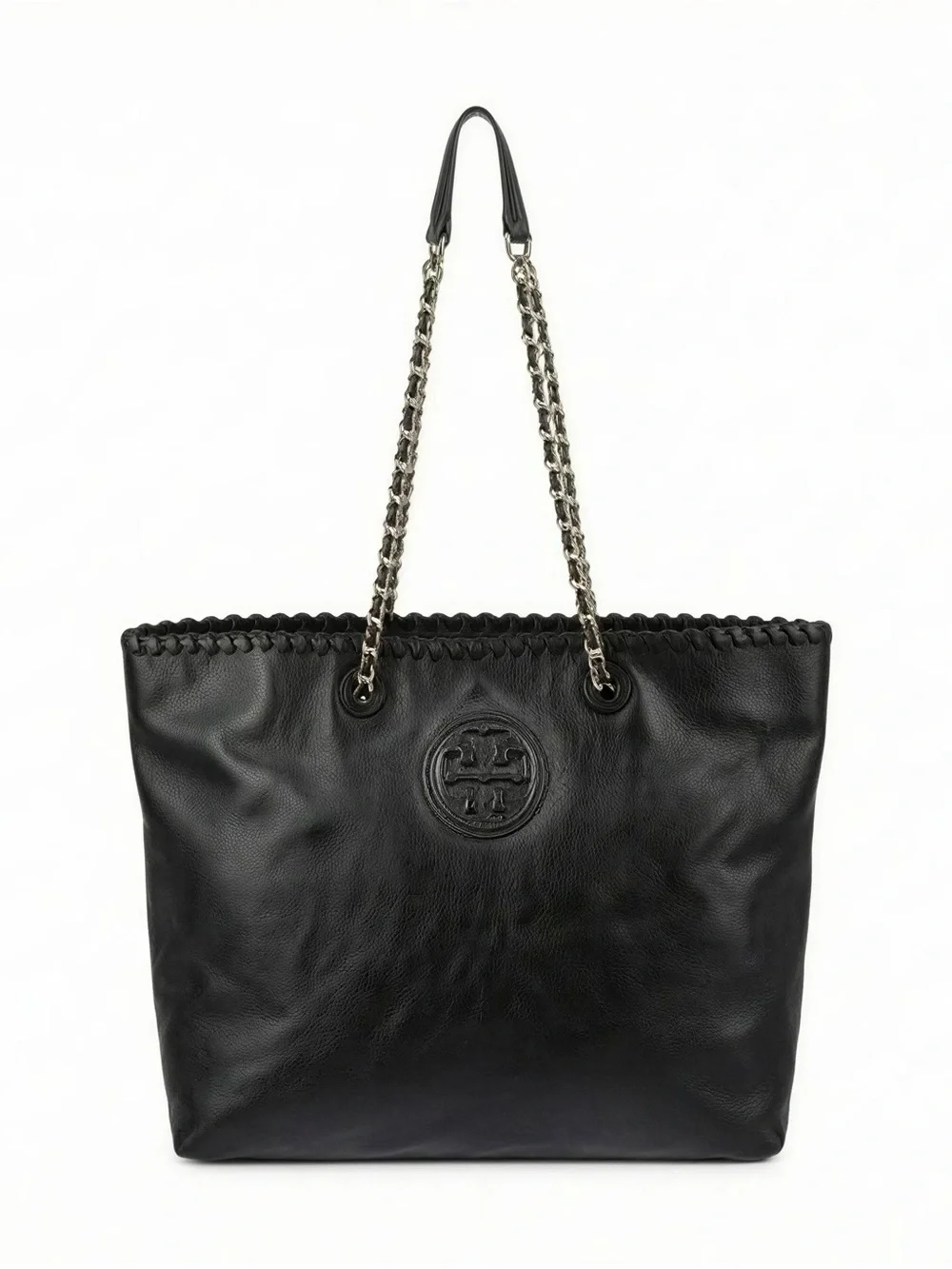 Tory Burch Black Leather Marion Chain-Handle Tote with Logo Medallion